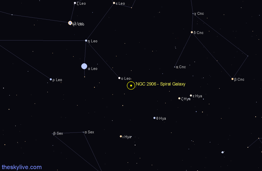 Finder chart NGC 2906 - Spiral Galaxy in Leo star