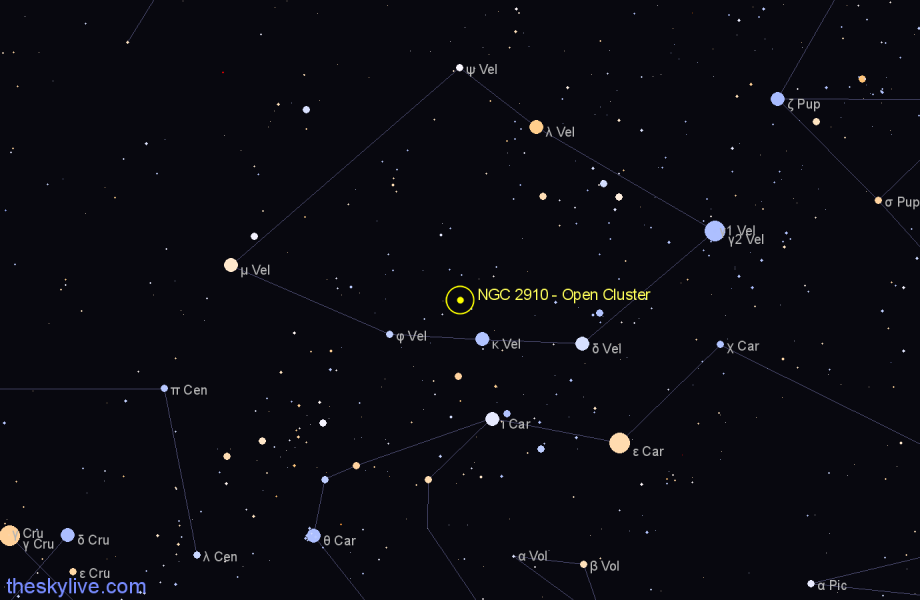 Finder chart NGC 2910 - Open Cluster in Vela star