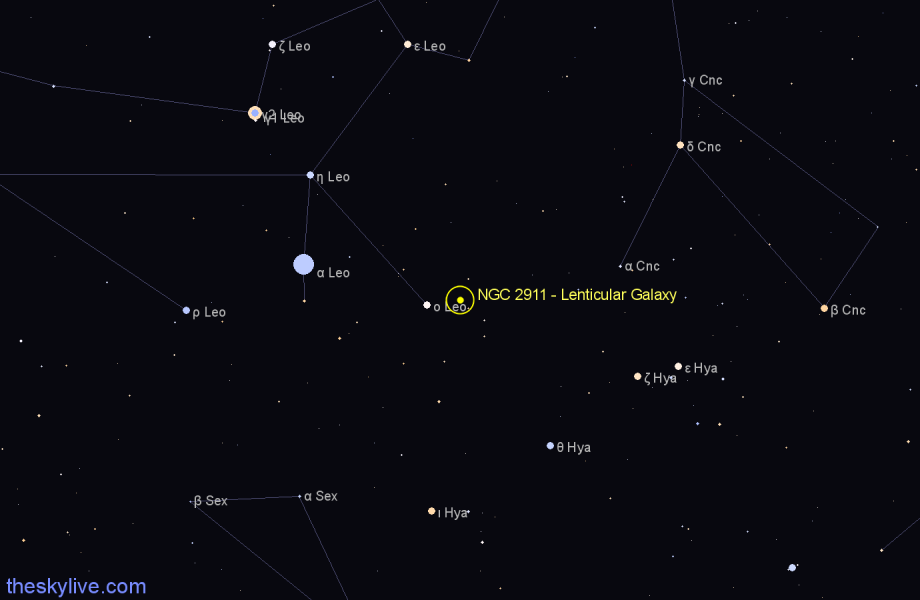 Finder chart NGC 2911 - Lenticular Galaxy in Leo star