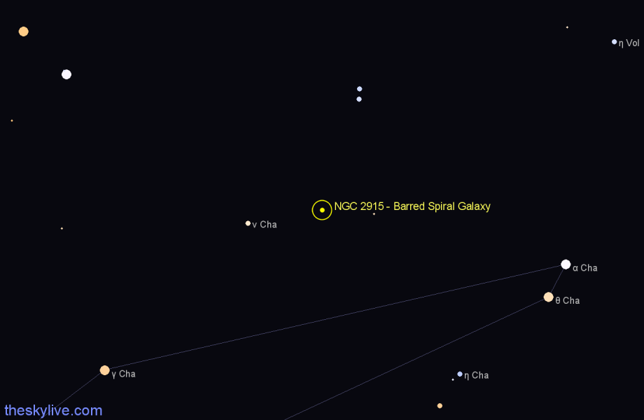 Finder chart NGC 2915 - Barred Spiral Galaxy in Chamaeleon star