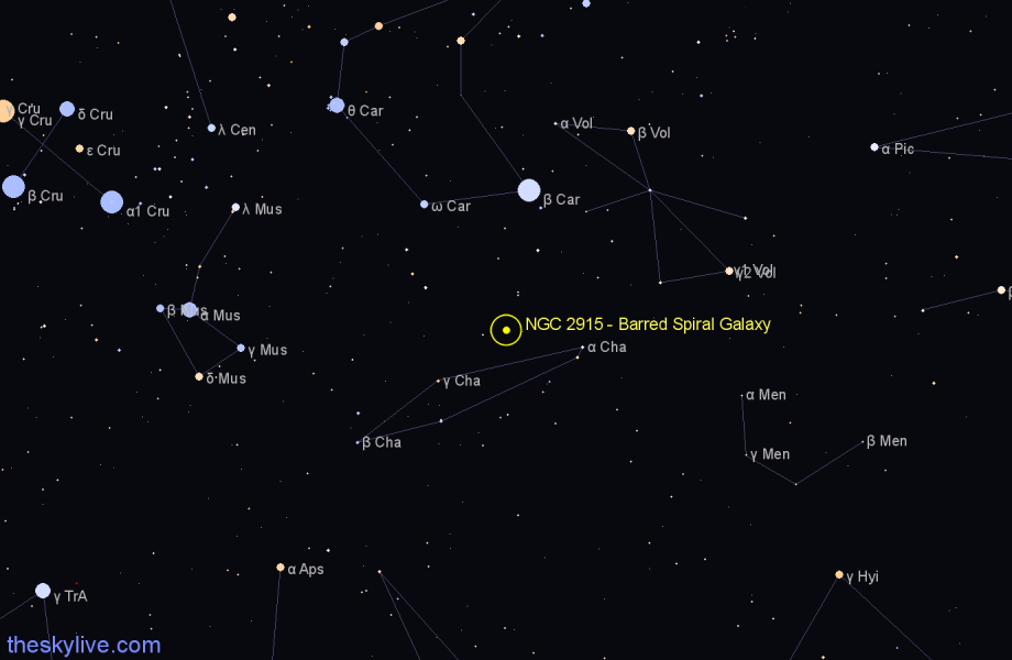 Finder chart NGC 2915 - Barred Spiral Galaxy in Chamaeleon star