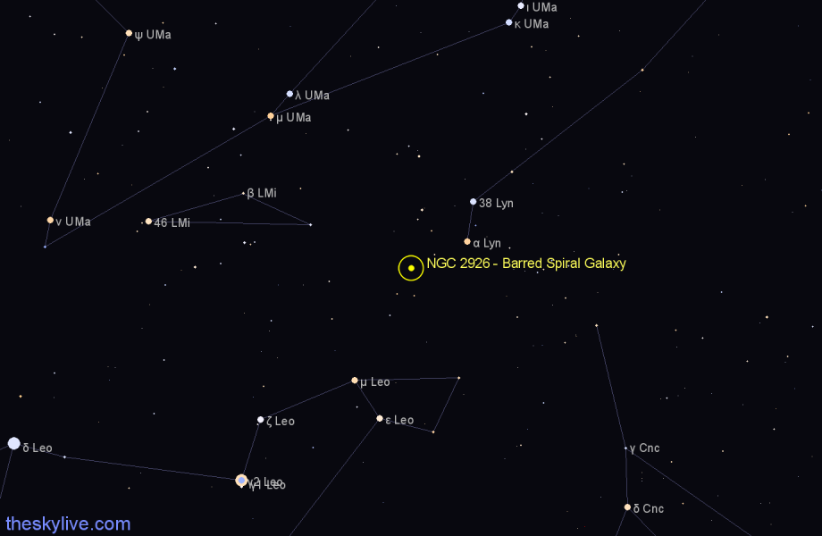 Finder chart NGC 2926 - Barred Spiral Galaxy in Leo star