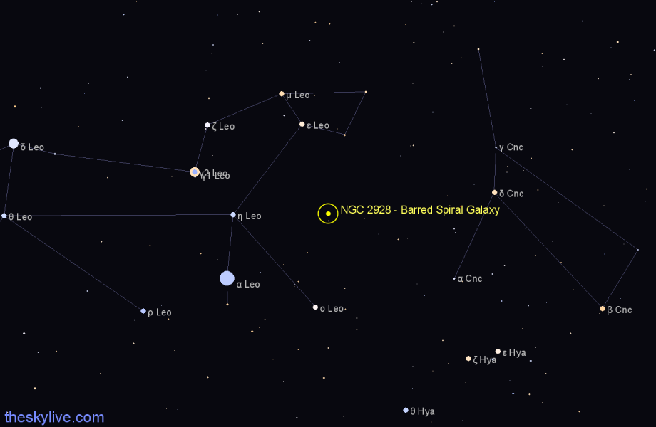 Finder chart NGC 2928 - Barred Spiral Galaxy in Leo star