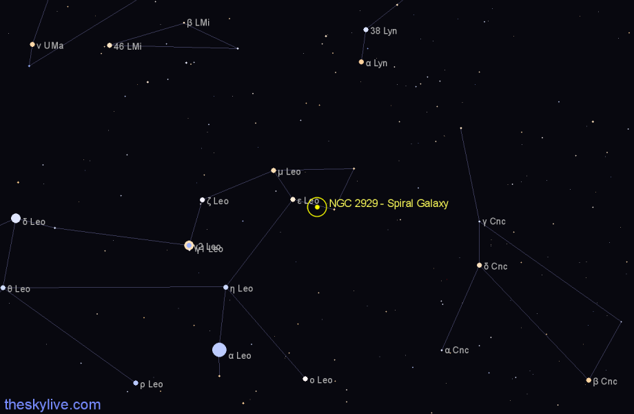 Finder chart NGC 2929 - Spiral Galaxy in Leo star