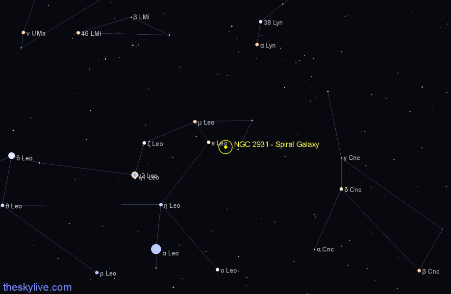 Finder chart NGC 2931 - Spiral Galaxy in Leo star