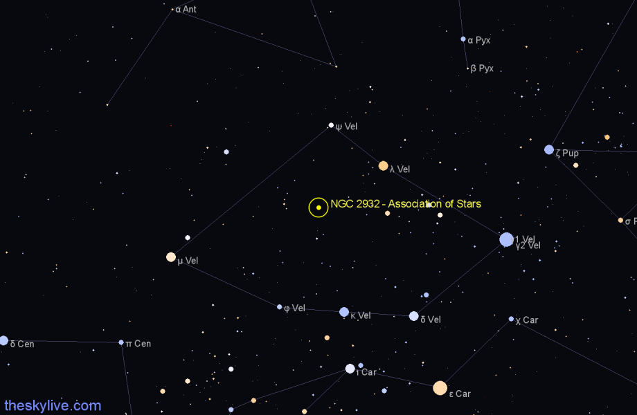 Finder chart NGC 2932 - Association of Stars in Vela star