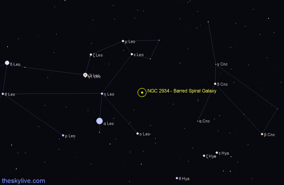 Finder chart NGC 2934 - Barred Spiral Galaxy in Leo star