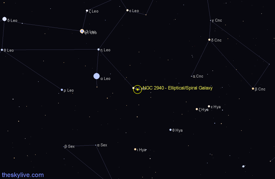 Finder chart NGC 2940 - Elliptical/Spiral Galaxy in Leo star