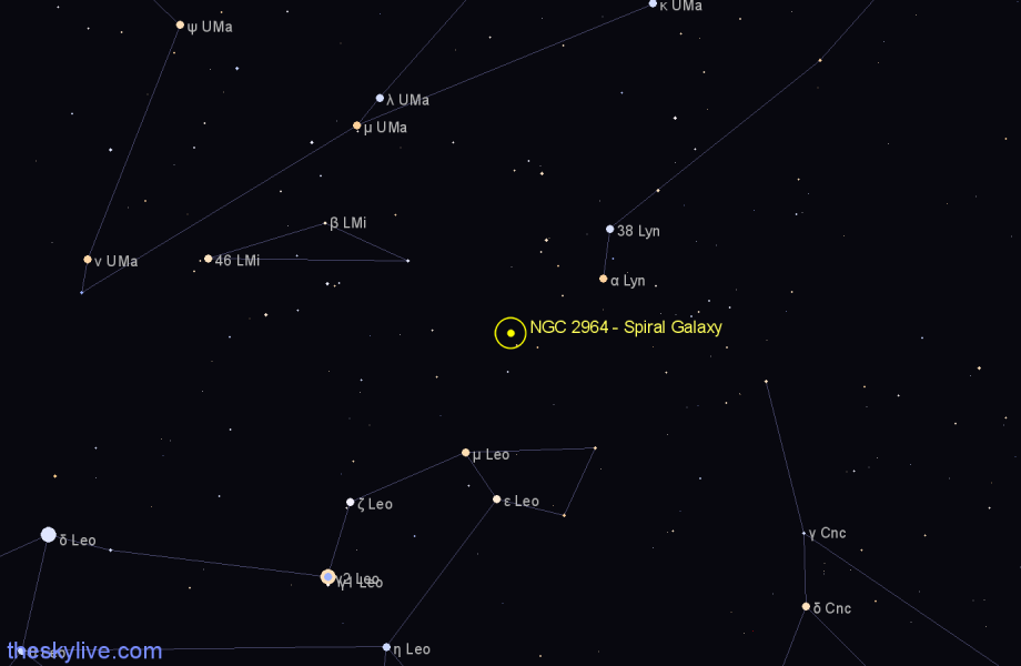 Finder chart NGC 2964 - Spiral Galaxy in Leo star