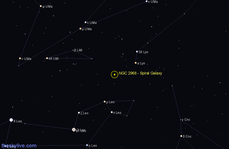 Finder chart NGC 2968 - Spiral Galaxy in Leo star