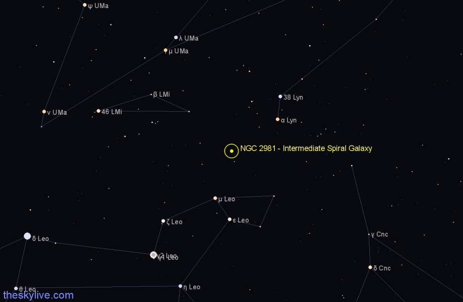 Finder chart NGC 2981 - Intermediate Spiral Galaxy in Leo star