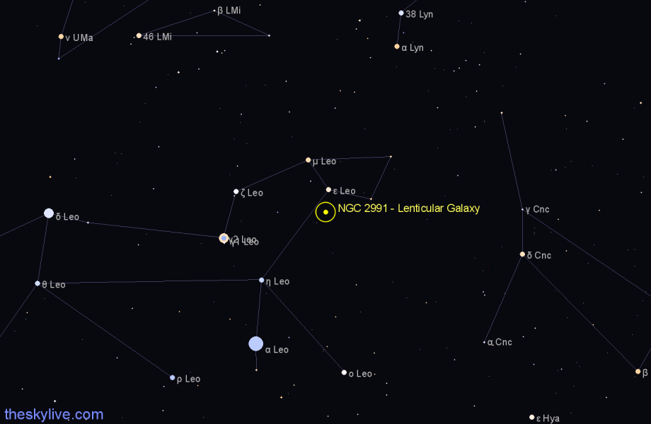 Finder chart NGC 2991 - Lenticular Galaxy in Leo star