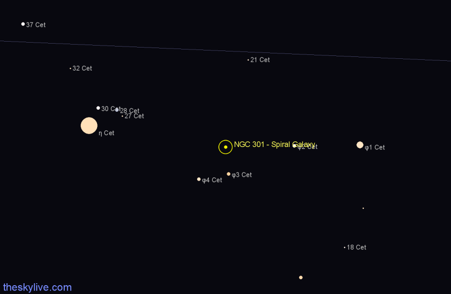 Finder chart NGC 301 - Spiral Galaxy in Cetus star