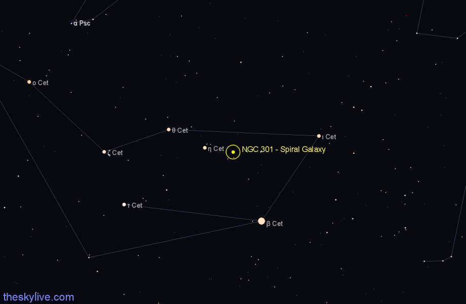 Finder chart NGC 301 - Spiral Galaxy in Cetus star