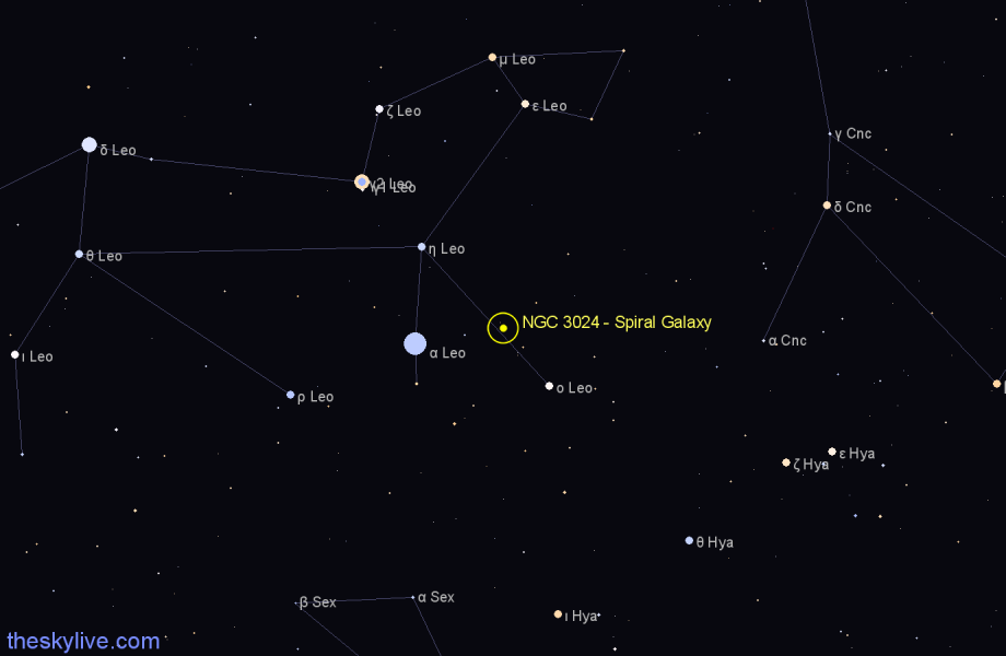 Finder chart NGC 3024 - Spiral Galaxy in Leo star