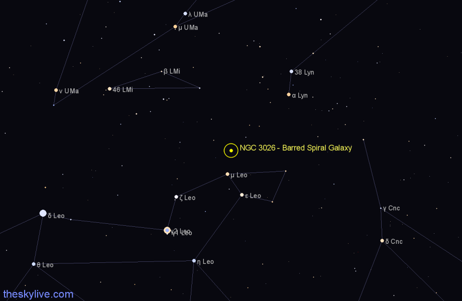 Finder chart NGC 3026 - Barred Spiral Galaxy in Leo star