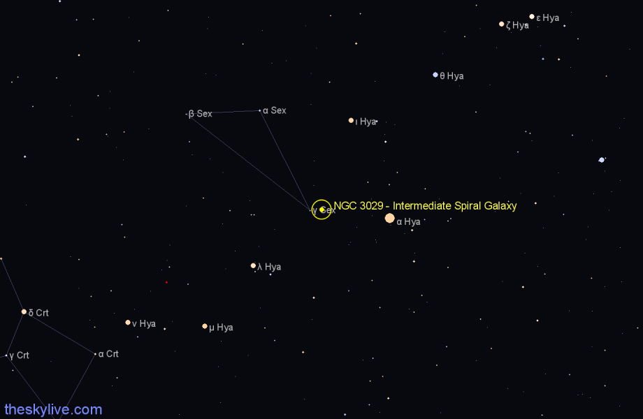 Finder chart NGC 3029 - Intermediate Spiral Galaxy in Sextans star