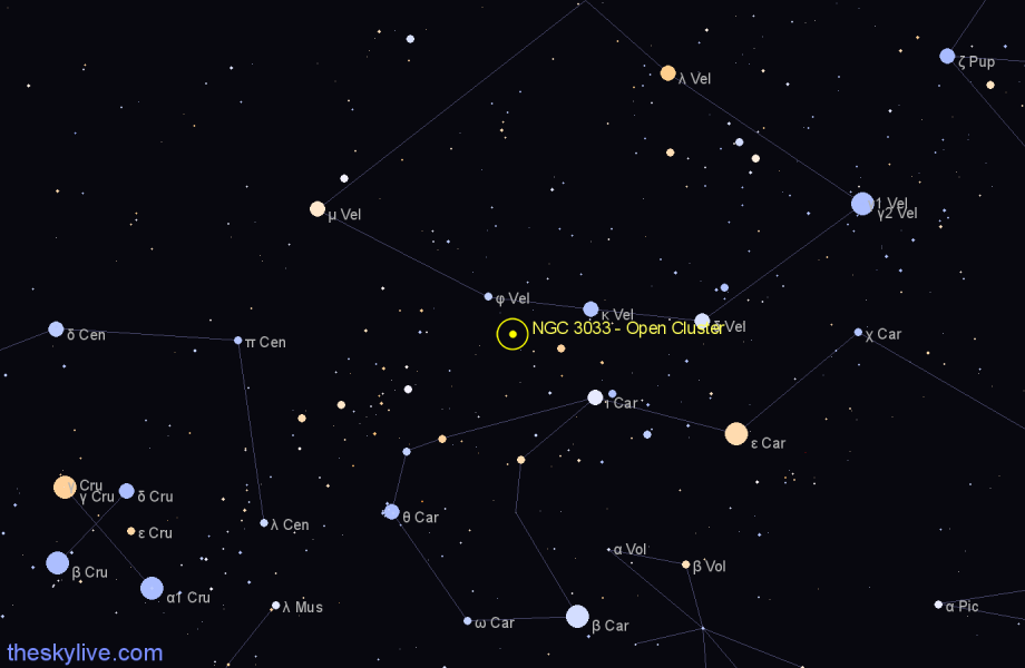 Finder chart NGC 3033 - Open Cluster in Vela star