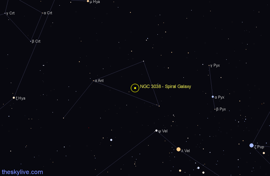 Finder chart NGC 3038 - Spiral Galaxy in Antlia star