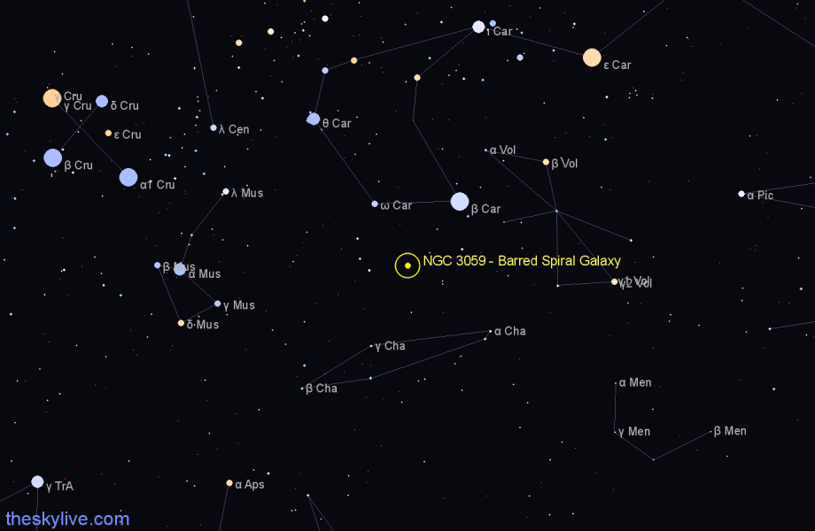 Finder chart NGC 3059 - Barred Spiral Galaxy in Carina star