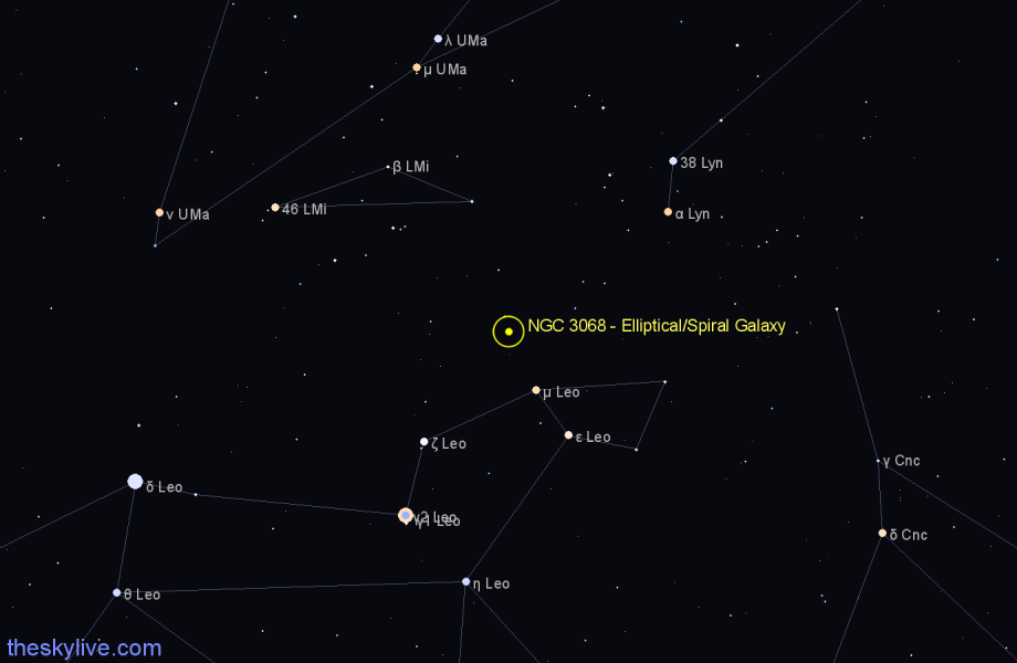 Finder chart NGC 3068 - Elliptical/Spiral Galaxy in Leo star