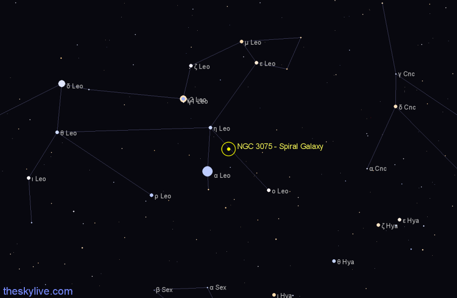 Finder chart NGC 3075 - Spiral Galaxy in Leo star