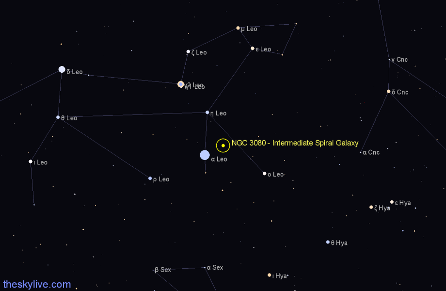 Finder chart NGC 3080 - Intermediate Spiral Galaxy in Leo star