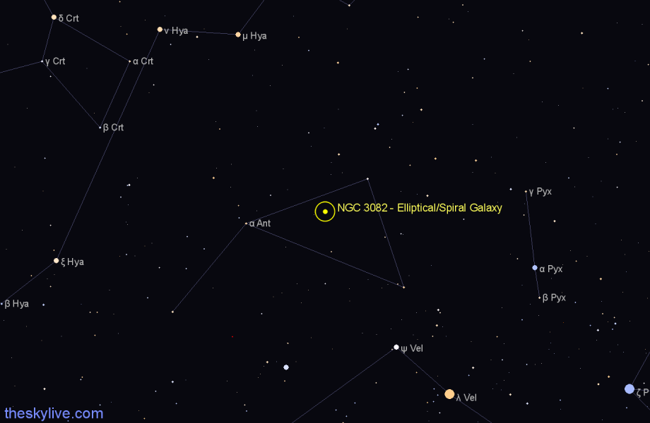 Finder chart NGC 3082 - Elliptical/Spiral Galaxy in Antlia star
