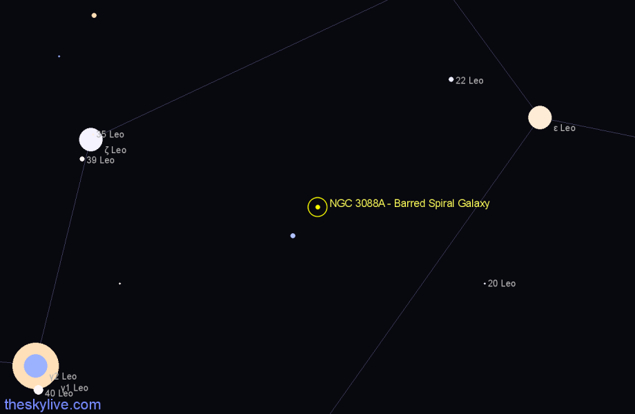 Finder chart NGC 3088A - Barred Spiral Galaxy in Leo star