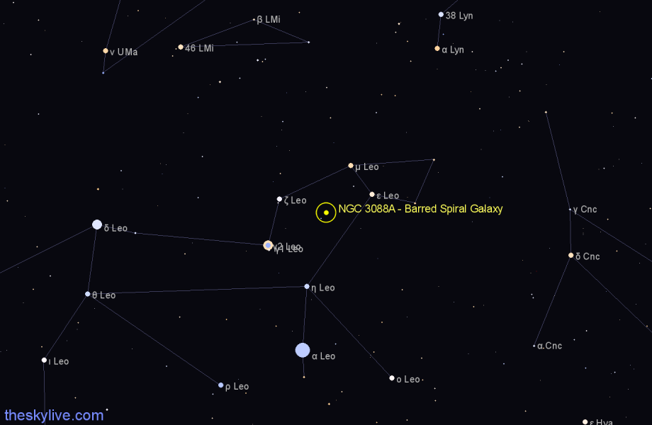 Finder chart NGC 3088A - Barred Spiral Galaxy in Leo star