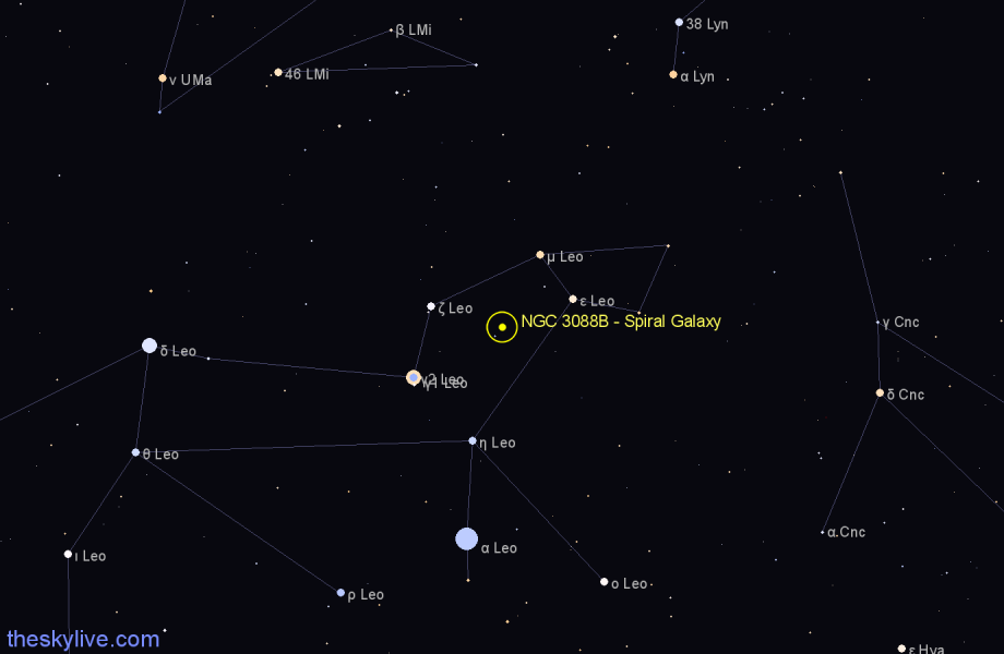 Finder chart NGC 3088B - Spiral Galaxy in Leo star