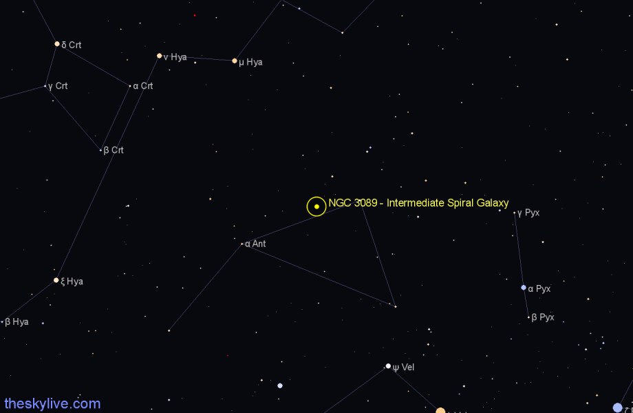 Finder chart NGC 3089 - Intermediate Spiral Galaxy in Antlia star