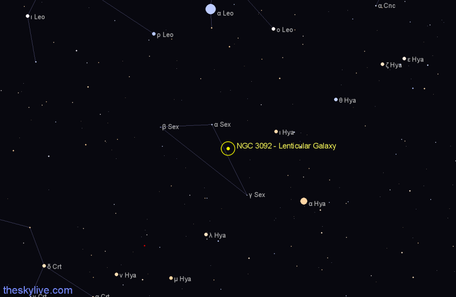 Finder chart NGC 3092 - Lenticular Galaxy in Sextans star