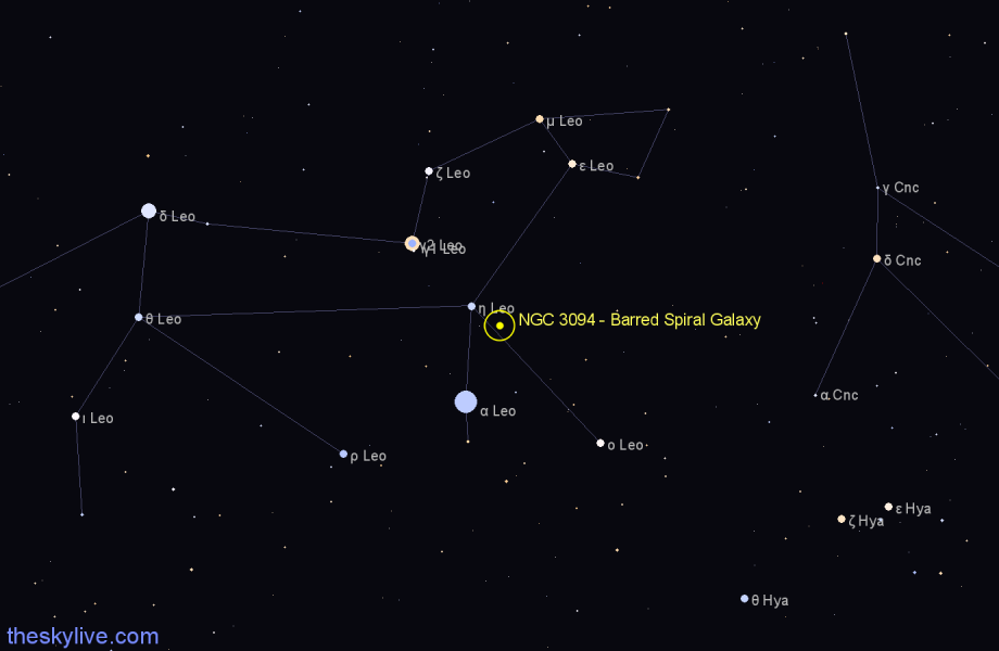 Finder chart NGC 3094 - Barred Spiral Galaxy in Leo star