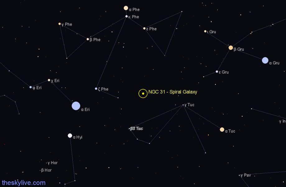 Finder chart NGC 31 - Spiral Galaxy in Phoenix star