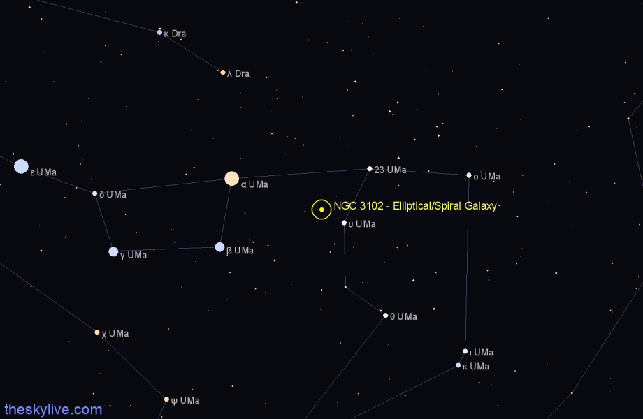 Finder chart NGC 3102 - Elliptical/Spiral Galaxy in Ursa Major star