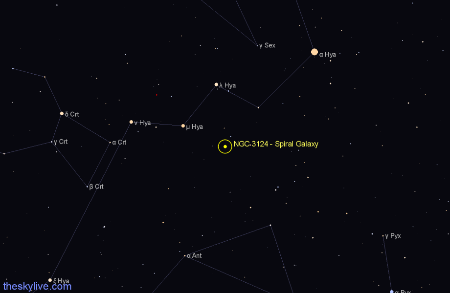 Finder chart NGC 3124 - Spiral Galaxy in Hydra star