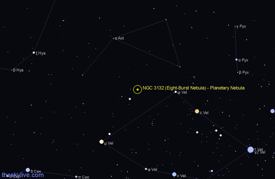 Finder chart NGC 3132 (Eight-Burst Nebula) - Planetary Nebula in Vela star