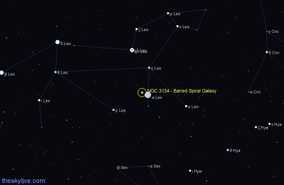 Finder chart NGC 3134 - Barred Spiral Galaxy in Leo star