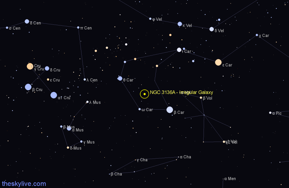 Finder chart NGC 3136A - Irregular Galaxy in Carina star