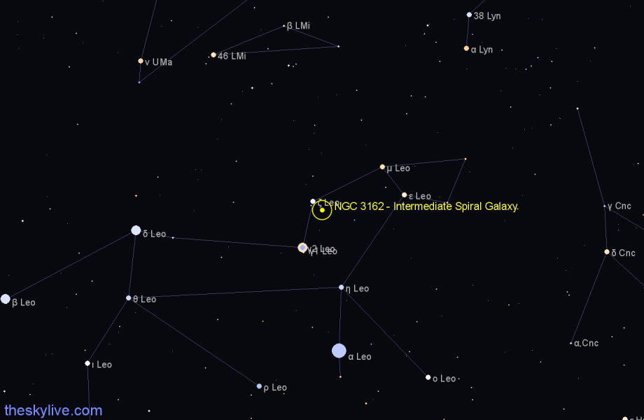 Finder chart NGC 3162 - Intermediate Spiral Galaxy in Leo star