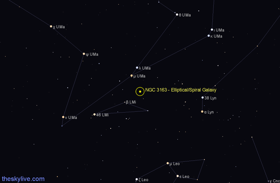 Finder chart NGC 3163 - Elliptical/Spiral Galaxy in Leo Minor star