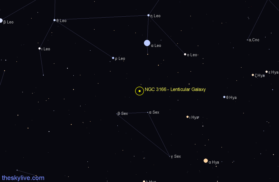 Finder chart NGC 3166 - Lenticular Galaxy in Sextans star