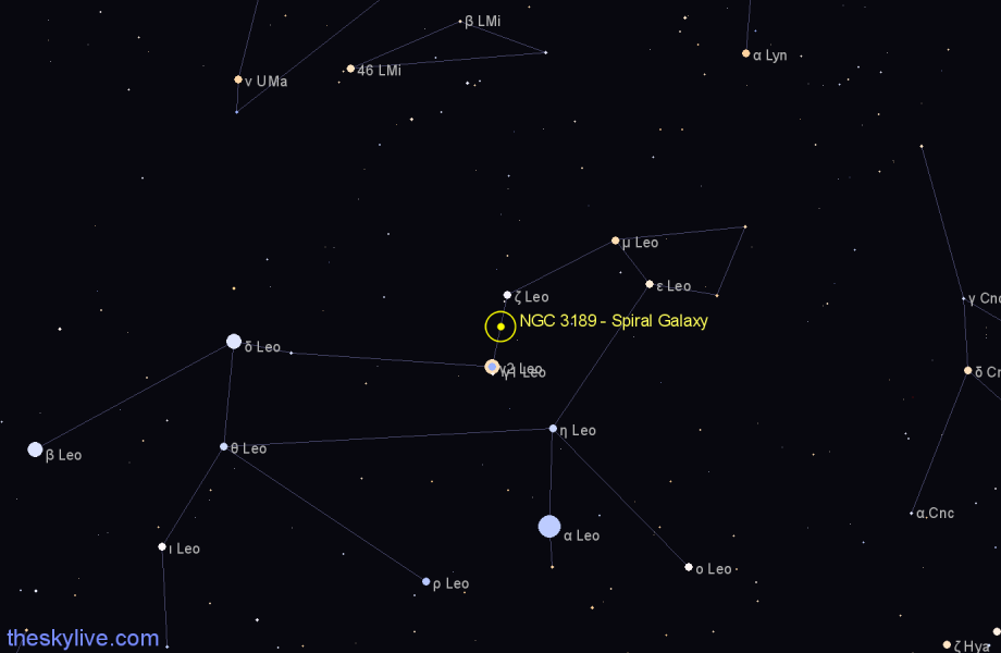 Finder chart NGC 3189 - Spiral Galaxy in Leo star