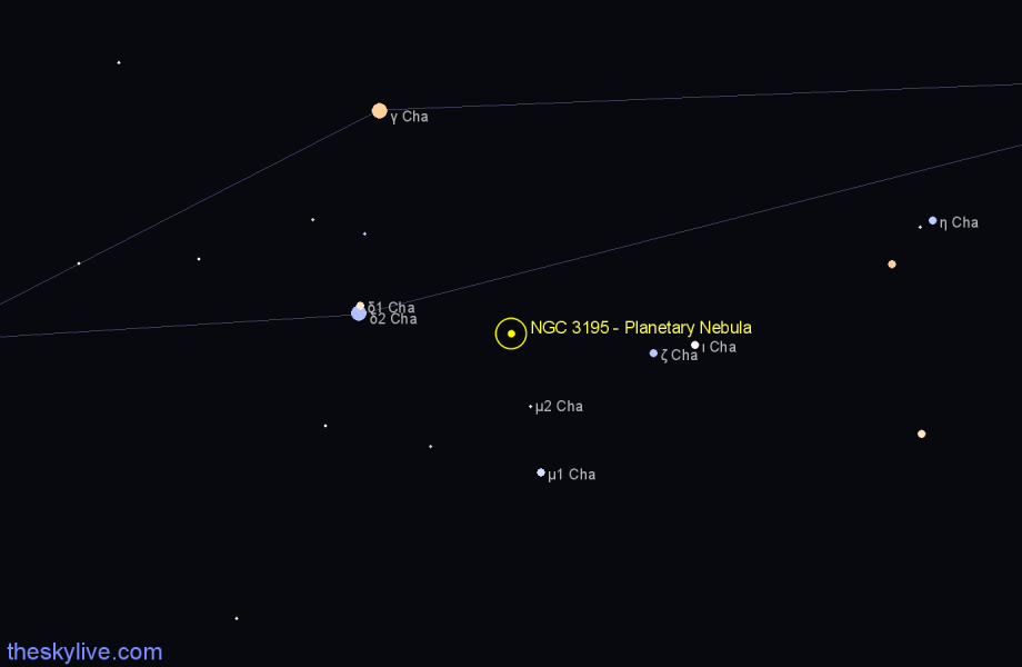 Finder chart NGC 3195 - Planetary Nebula in Chamaeleon star