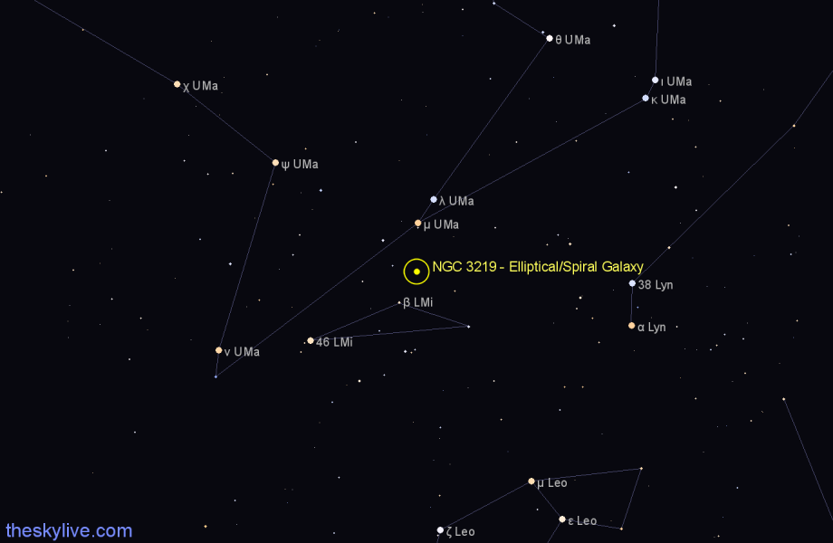 Finder chart NGC 3219 - Elliptical/Spiral Galaxy in Leo Minor star