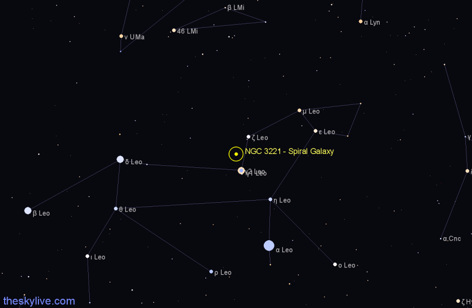 Finder chart NGC 3221 - Spiral Galaxy in Leo star