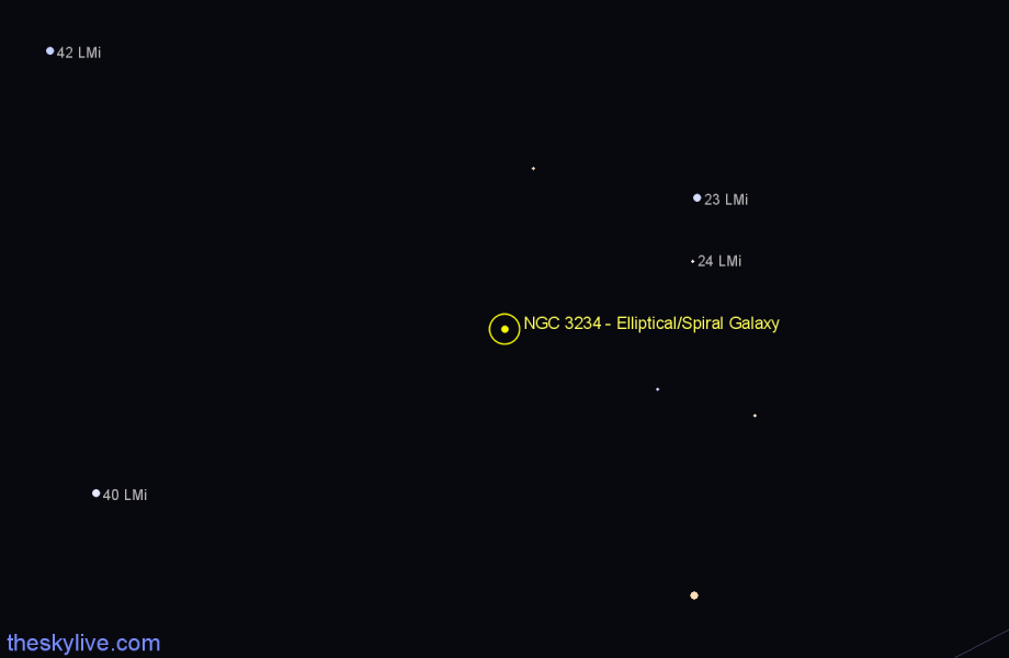 Finder chart NGC 3234 - Elliptical/Spiral Galaxy in Leo Minor star