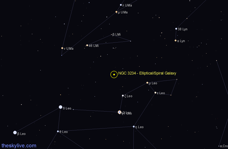 Finder chart NGC 3234 - Elliptical/Spiral Galaxy in Leo Minor star