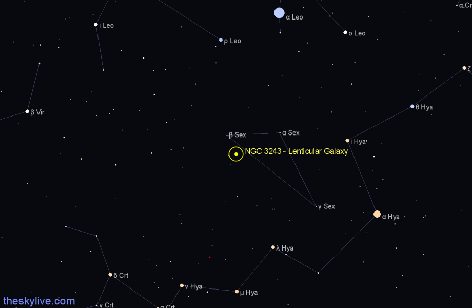 Finder chart NGC 3243 - Lenticular Galaxy in Sextans star